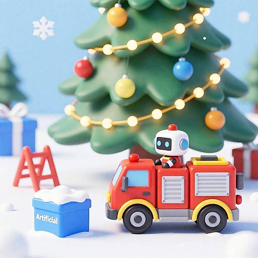 Festive Cartoon Scene with Robot Fire Truck
