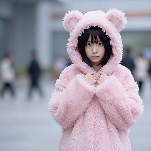 Young Asian girl with black hair, wearing a fluffy pink bear hoodie, standing in a blurred urban background, hands clasped. Photorealistic digital art