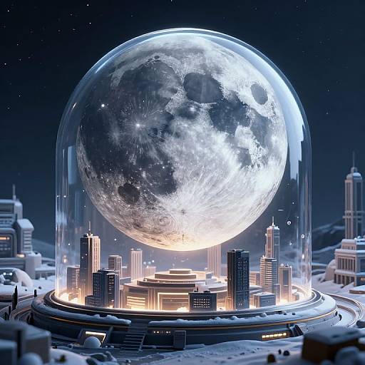 Photorealistic CGI: Giant glowing moon in a transparent dome over a futuristic, illuminated cityscape at night, with starry sky background.