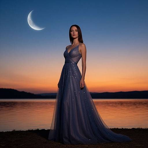 Photograph of a slender woman in a sparkling, deep blue evening gown standing by a serene lake at sunset, with a crescent moon in the clear