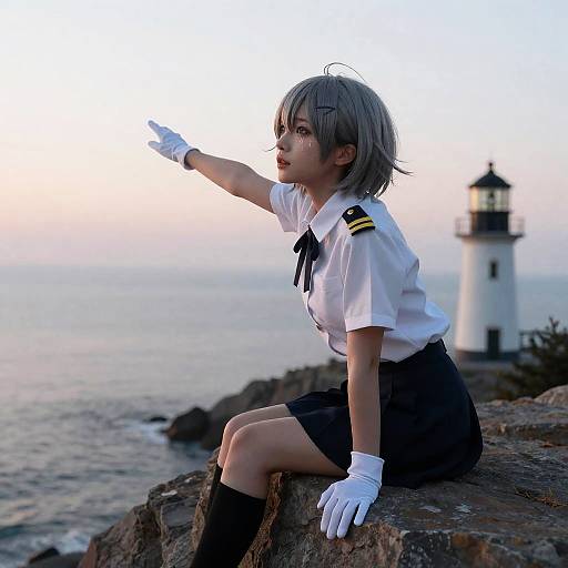 Girl in Admiral Uniform Reaching Toward Horizon by Lighthouse