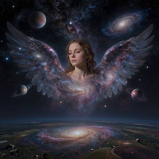 Photograph-like digital art of a serene, winged woman with celestial wings, floating above a cosmic galaxy landscape with planets and galaxies.