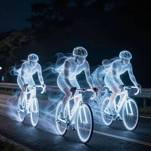 Photograph of three glowing, ethereal cyclists in white gear and helmets, riding illuminated bicycles at night, with blurred motion effects.
