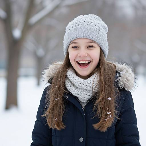 Photograph of a smiling young girl with long brown hair, wearing a gray knit hat, white scarf, and black coat, standing in a snowy,