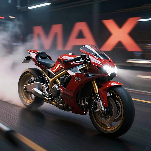 Photograph of a red sport motorcycle with glowing headlights, releasing white smoke, speeding on a dark road with 