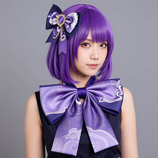 Digital CGI portrait of an Asian woman with vibrant purple bob haircut, purple bow, and ornate hair accessory, wearing a black sleeveless top with large