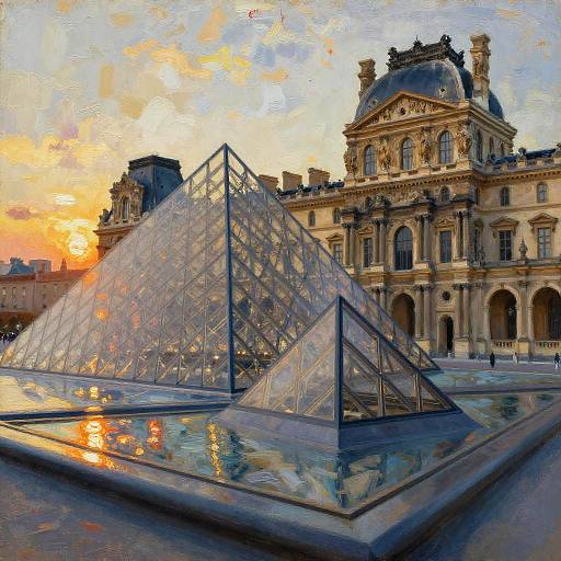 Impressionistic Oil Painting of The Louvre with Glass Pyramid at Sunset
