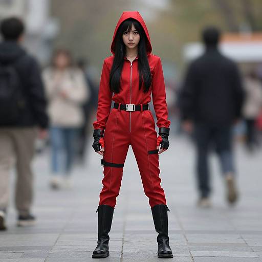Photograph of a young Asian woman with long black hair, wearing a red hooded jumpsuit, black gloves, belt, and boots, standing confidently