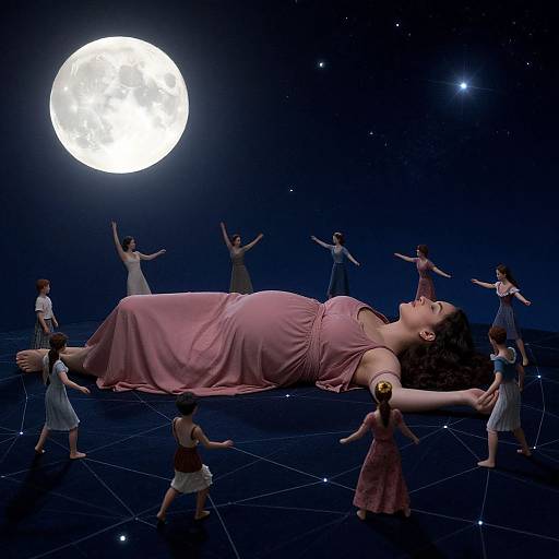 Pregnant Woman Under Moonlight with Dancing Figures
