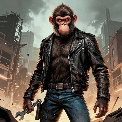 Digital art of a muscular, anthropomorphic monkey with brown fur, wearing a black leather jacket, blue jeans, and holding a wrench, standing in a