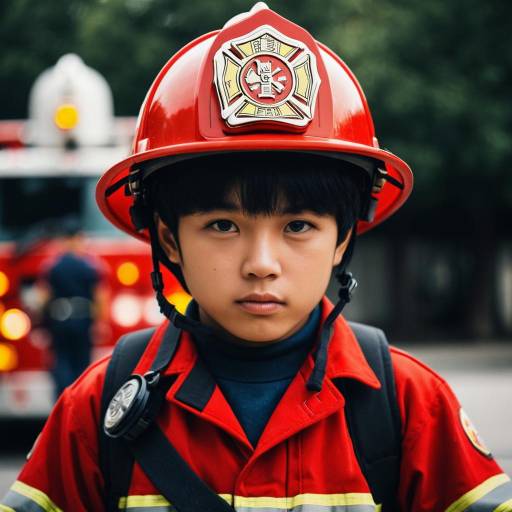 Young Asian Boy in Firefighter Costume