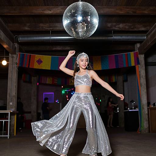Photograph of a dancing Asian woman in silver sequin outfit, headpiece, and wide pants, spinning a mirrored ball in a dimly lit,