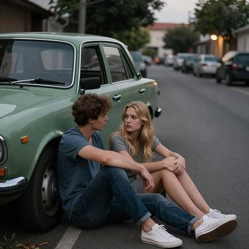 Dusk Conversation Beside Old Green Car