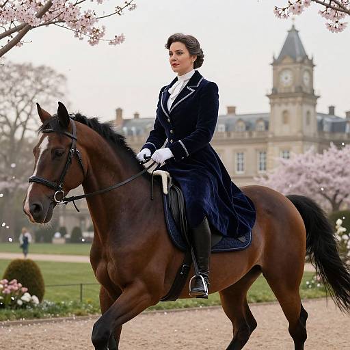 Photograph of a woman in a black riding coat and white gloves, riding a brown horse in a blooming, cherry blossom-lined park with a historic