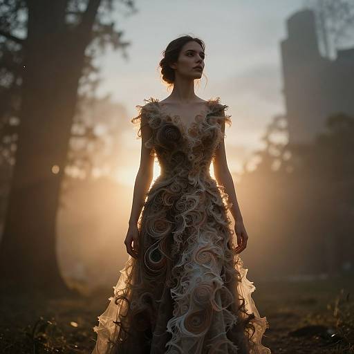 Photograph of a silhouetted woman in a detailed, rose-patterned, ruffled gown, standing in a misty forest at sunset.