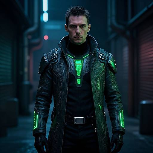 Cyberpunk photograph of a serious man with short dark hair, wearing a black leather jacket with glowing green accents, standing in a dimly lit,