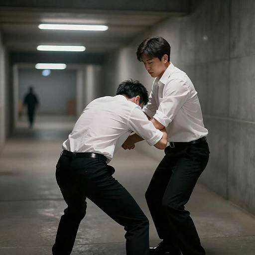Two Men Fighting in Dim Corridor