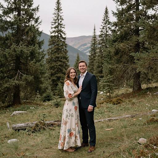 Photograph of a smiling couple standing in a lush, forested mountain meadow; woman in floral dress, man in black suit, holding hands.
