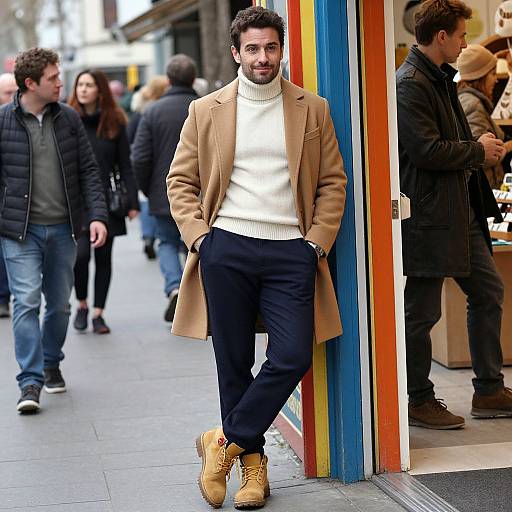 Photograph of a bearded man in a beige coat, white sweater, dark pants, and tan boots, leaning against a colorful store pillar in a