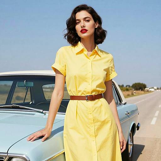 Photograph of a fair-skinned woman with dark, wavy hair, wearing a yellow dress with a brown belt, leaning on a blue classic car