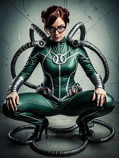 Photograph of a red-haired woman in a green, form-fitting, sci-fi bodysuit with metallic tubes, crouching in a dim