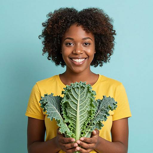 Photograph of a smiling Black woman with curly hair, wearing a yellow shirt, holding a bunch of vibrant, green kale against a light blue background.
