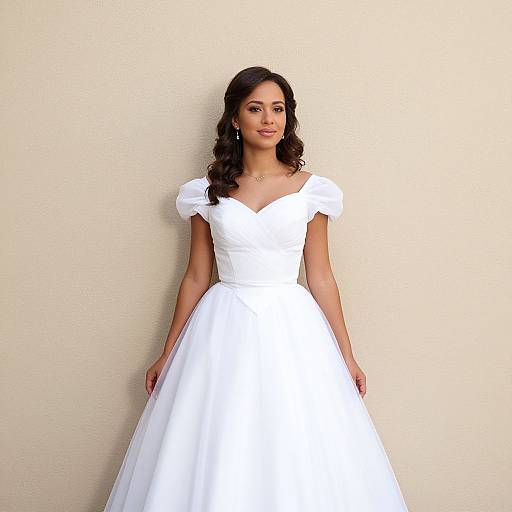Photograph of a young woman with dark, wavy hair wearing a white, off-the-shoulder, puffed-sleeve wedding dress,