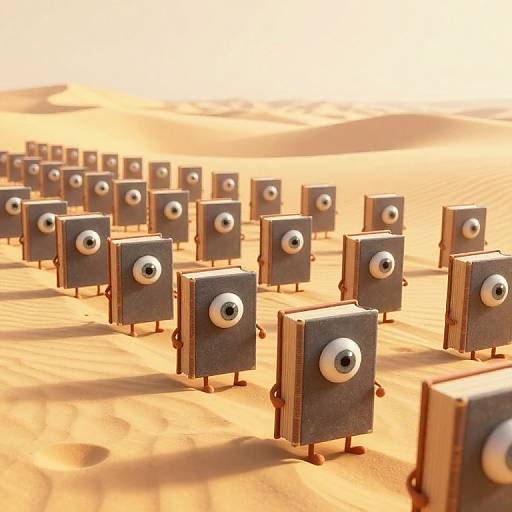 Photorealistic CGI of a desert landscape with rows of rectangular, black, metal boxes each featuring two large, white, staring eyes.