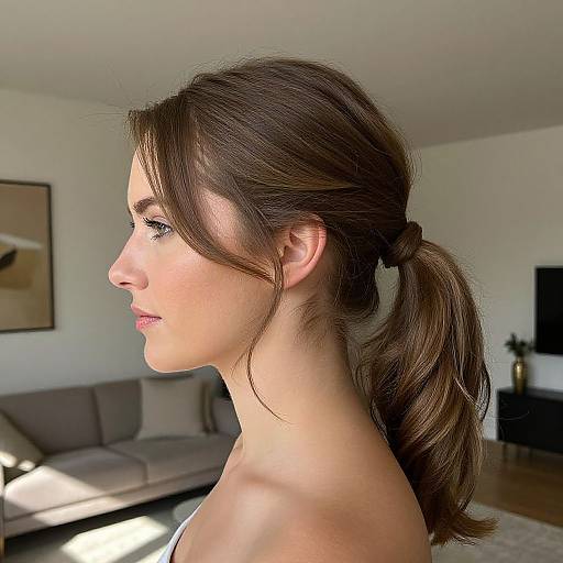 Photograph of a fair-skinned woman with brown hair in a low ponytail, profile view, in a sunlit living room.