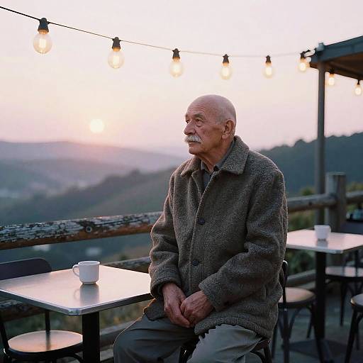Photograph of an elderly man with a bald head and gray mustache, wearing a brown wool coat, sitting at an outdoor café, overlooking a mist