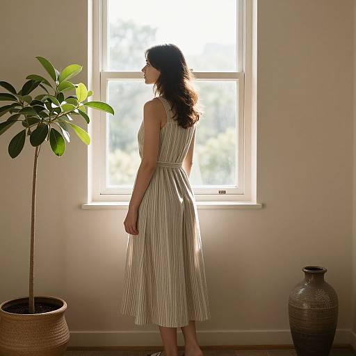 Woman in Striped Dress by Window