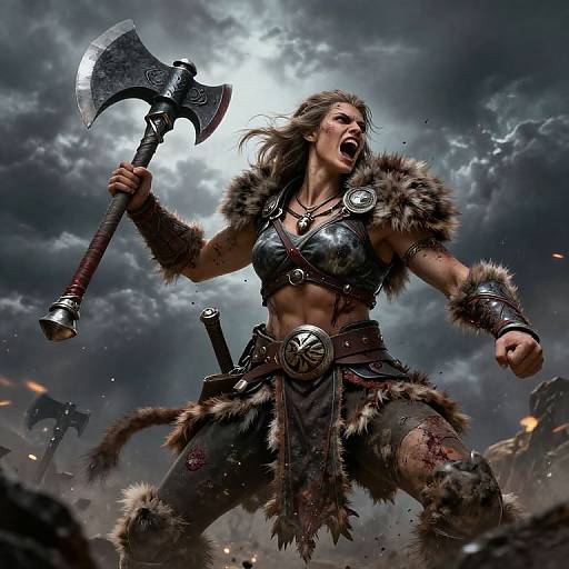 Digital art of a fierce, muscular female warrior with long brown hair, shouting, holding an axe, wearing fur and leather armor, under a stormy