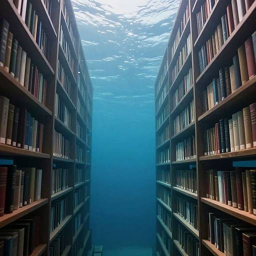 Photograph of a narrow library aisle with tall wooden shelves filled with books on both sides, underwater effect with blue light.