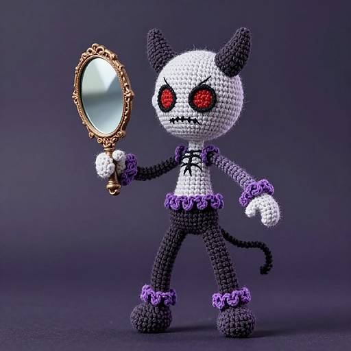 Crocheted cat doll with black and white yarn, red eyes, holding ornate gold mirror, purple frills, and lace, standing against dark