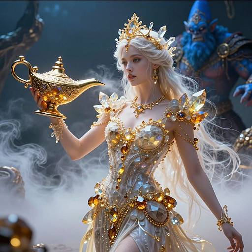 Digital artwork of a radiant blonde queen in a golden, star-embellished dress holding a glowing, ornate lamp, surrounded by mist. Fantasy