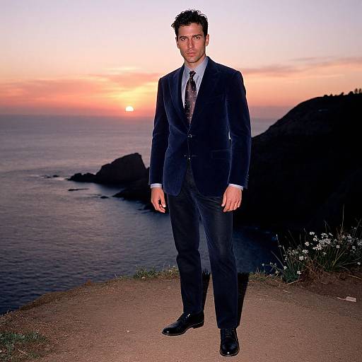 Photograph of a man in a black suit and tie standing on a cliff at sunset, with ocean and rocky coastline in the background.