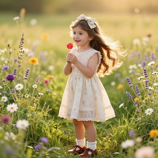 Photograph of a smiling young girl with long brown hair, wearing a white lace dress and bow, holding a red lollipop in a sunlit,