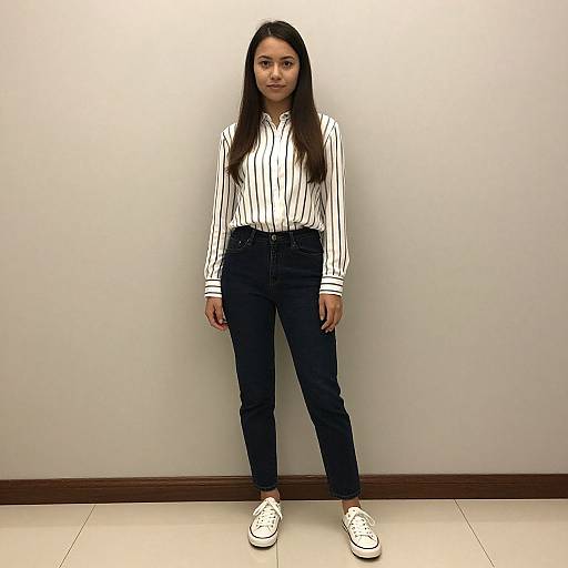 Photograph of a young woman with long brown hair, wearing a white striped shirt, dark high-waisted pants, and white sneakers, standing against