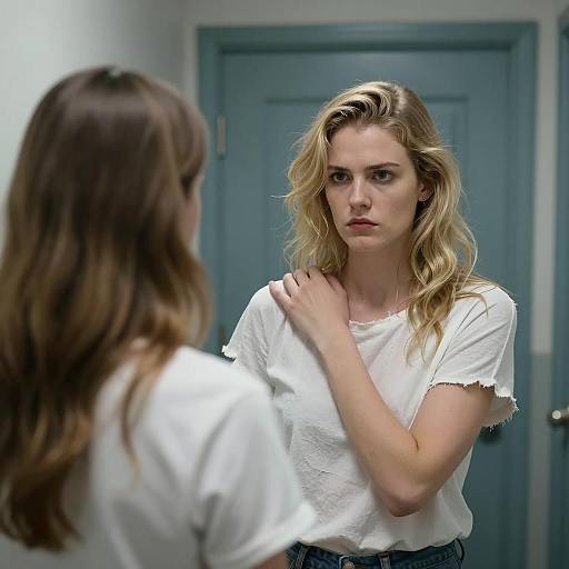 Blonde Woman with Intense Expression in Hallway