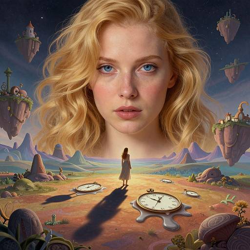 Digital artwork of a blonde woman with blue eyes, giant head dominating a surreal landscape with floating islands, clocks, and a small girl in the foreground.