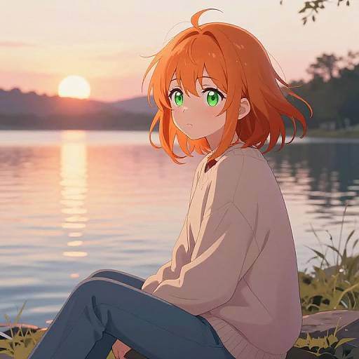 Anime-style digital drawing of a red-haired girl with green eyes, wearing a beige sweater and blue pants, sitting by a serene lake at sunset.