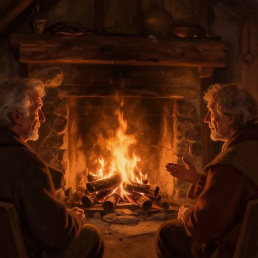 Photograph of two elderly white men with white hair, sitting by a roaring fireplace, holding cups, in a dimly lit, rustic room.