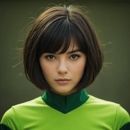 Young woman in green costume with short hair