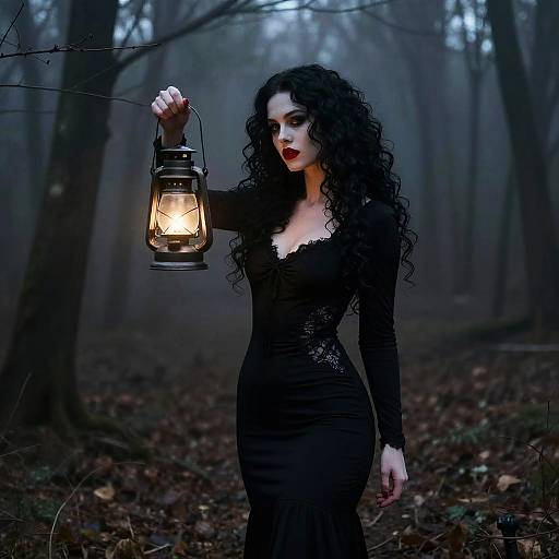Gothic woman with long curly black hair in a lace-trimmed black dress holds a glowing lantern in a dark, misty forest.
