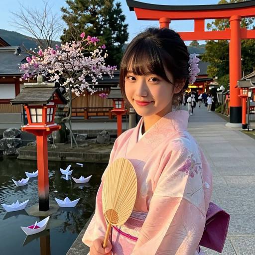 Photograph of a smiling Japanese woman in a pink kimono, holding a fan, standing by a traditional torii gate with cherry blossoms and paper