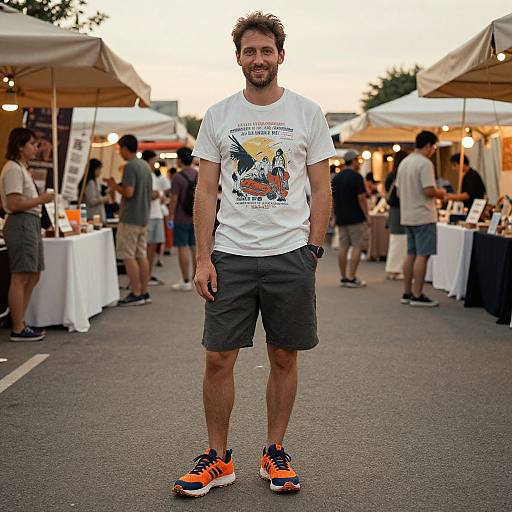Photograph of a bearded man with curly brown hair, wearing a white graphic t-shirt, gray shorts, and orange sneakers, standing in a bustling