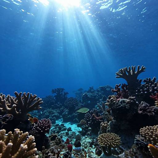 Underwater photograph of vibrant coral reef with sunlight beams filtering through the blue ocean, showcasing diverse corals, a small yellow fish, and a large,