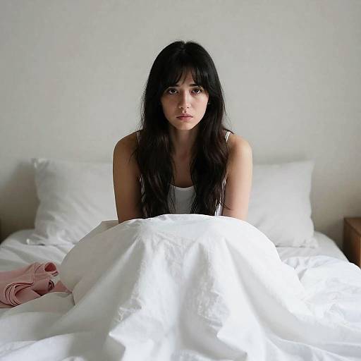 Contemplative Woman in Minimalist Bedroom