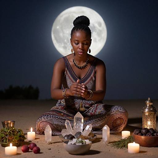 Photograph of a dark-skinned woman in traditional patterned attire, meditating under a full moon, surrounded by lit candles, crystals, and offerings