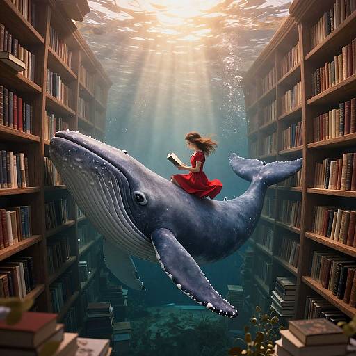 Digital illustration of a girl in a red dress reading on a floating whale between towering bookshelves underwater, sunlight streaming from above.